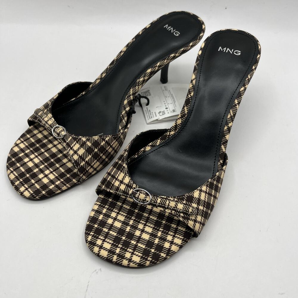 MANGO MNG Sandalia Peep Toe Kitten Heel CHECKERED SANDALS Brown Beige TRIED ON
